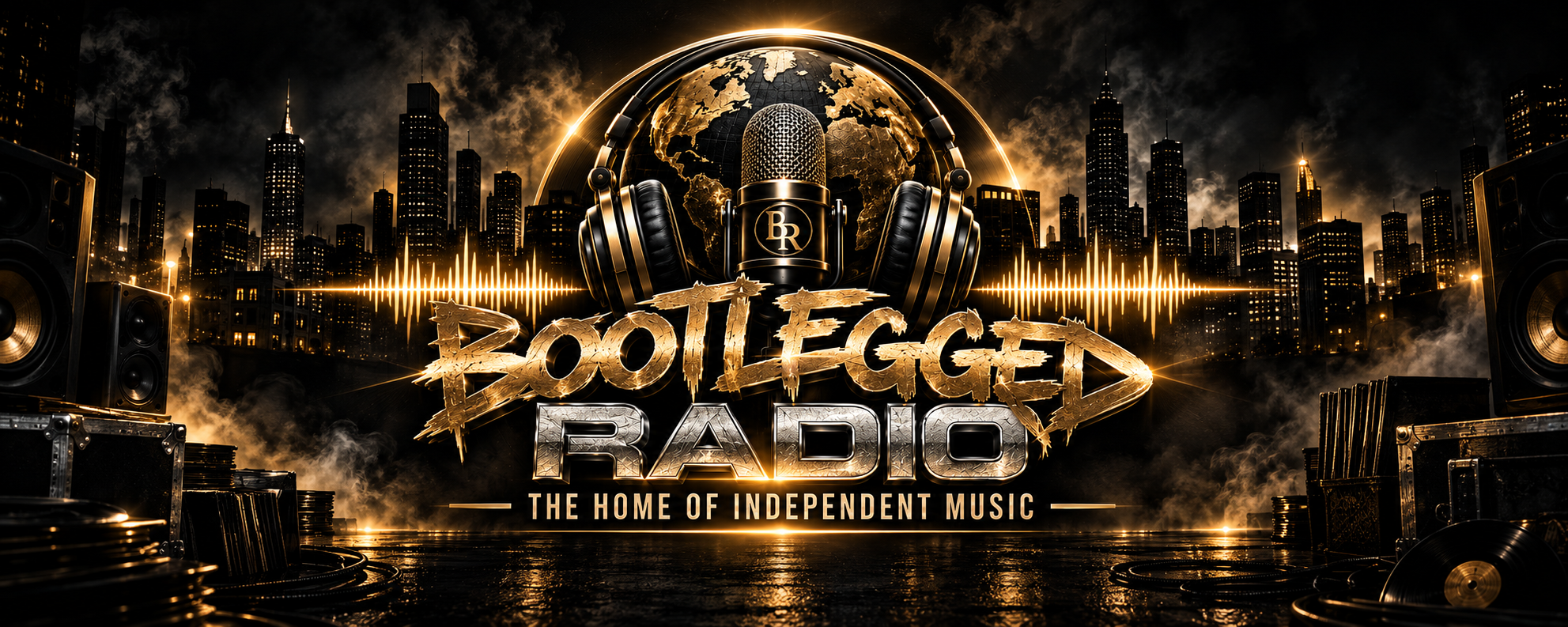 Bootlegged Radio: The home of independent music. A gold microphone and headphones against a city skyline.